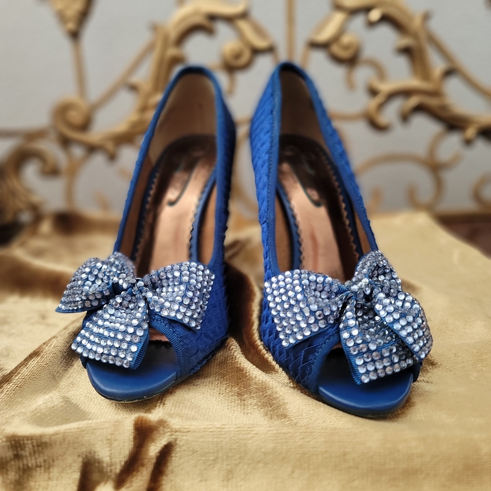 Poetic License Royal Blue with Sarkly Bow High Heels Size 36.5 US 6 - Picture 3 of 7